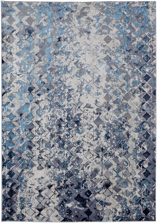 10 x 13 Blue Ivory & Gray Geometric Power Loom Distressed Rug