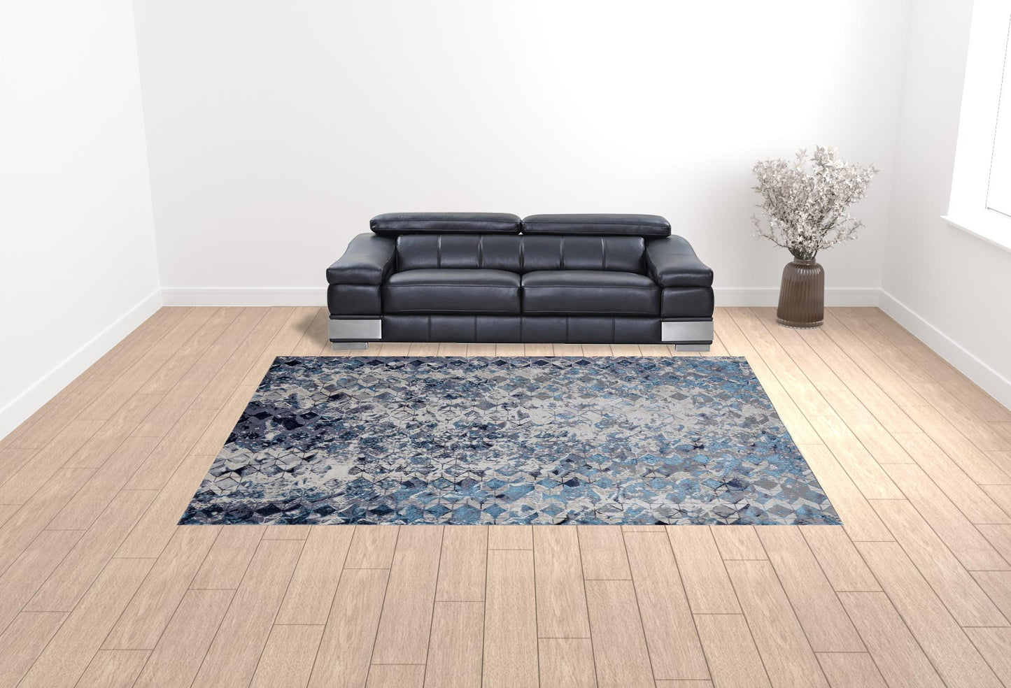 10 x 13 Blue Ivory & Gray Geometric Power Loom Distressed Rug