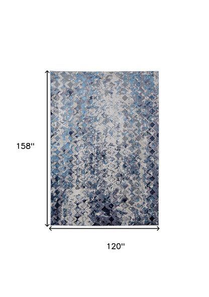 10 x 13 Blue Ivory & Gray Geometric Power Loom Distressed Rug