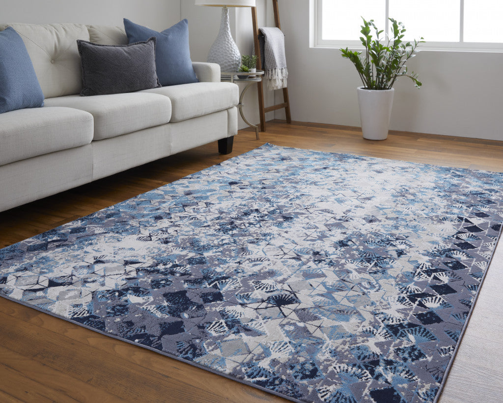 10 x 13 Blue Ivory & Gray Geometric Power Loom Distressed Rug
