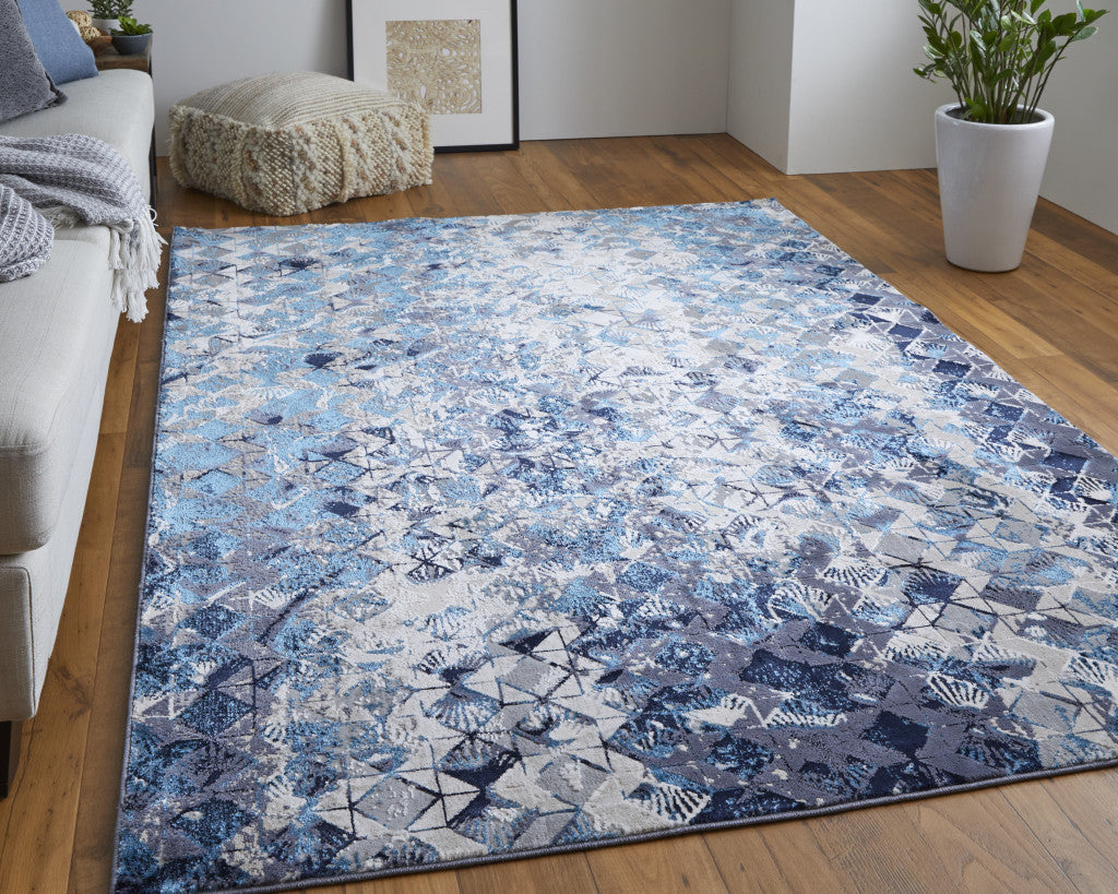 10 x 13 Blue Ivory & Gray Geometric Power Loom Distressed Rug