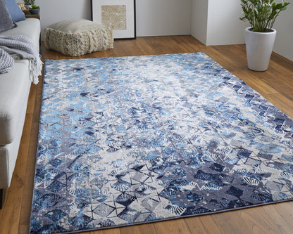 10 x 13 Blue Ivory & Gray Geometric Power Loom Distressed Rug