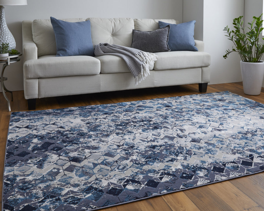 10 x 13 Blue Ivory & Gray Geometric Power Loom Distressed Rug