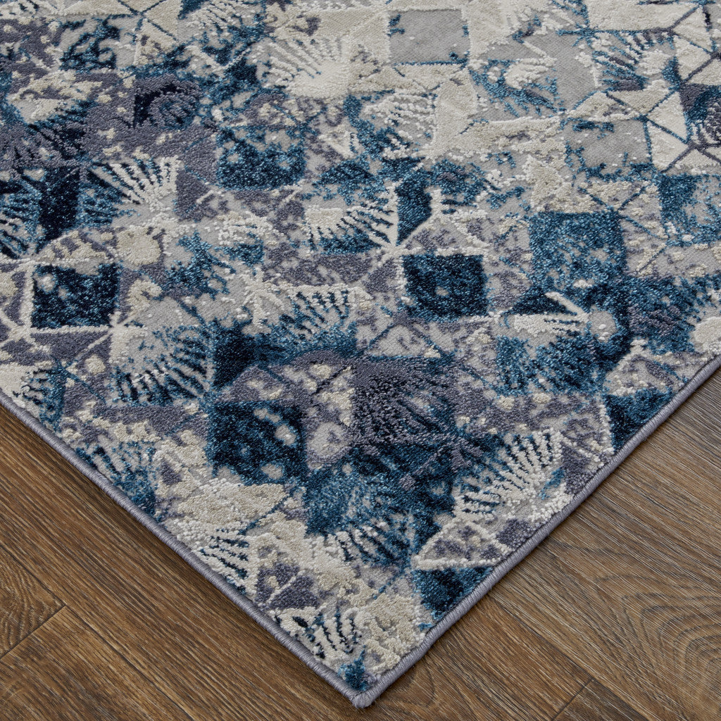 10 x 13 Blue Ivory & Gray Geometric Power Loom Distressed Rug