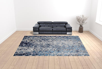 12 x 15 Blue Ivory & Gray Geometric Power Loom Distressed Rug