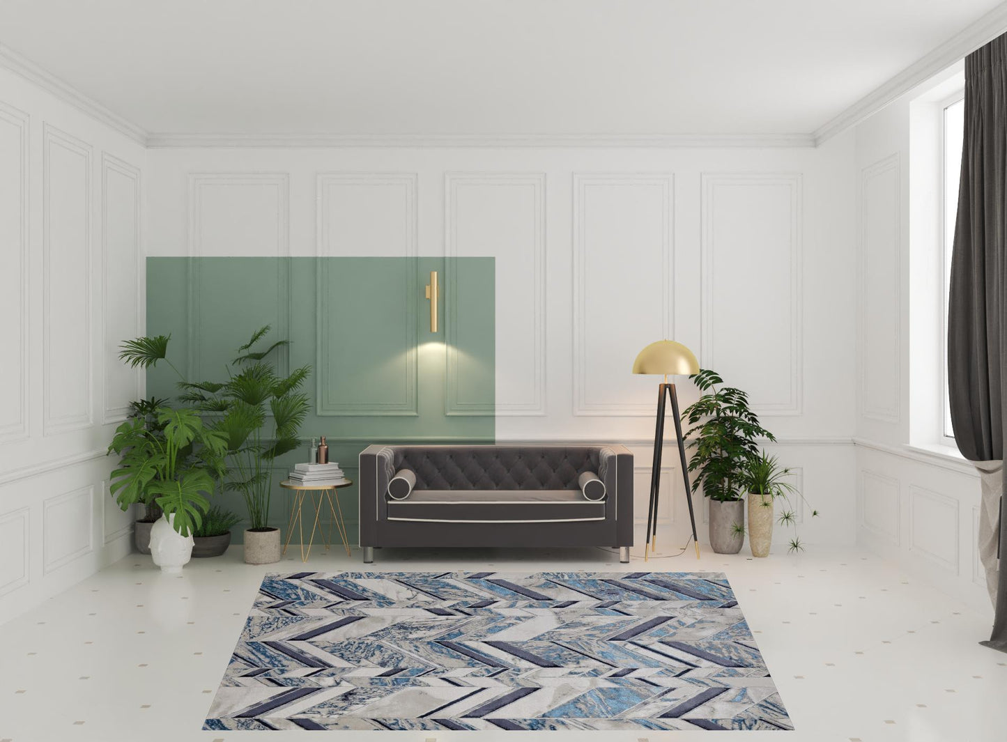 8 x 10 Ivory Blue & Gray Chevron Power Loom Distressed Rug