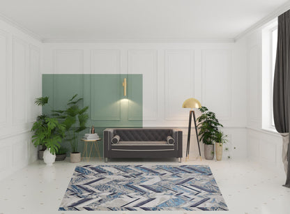 8 x 10 Ivory Blue & Gray Chevron Power Loom Distressed Rug
