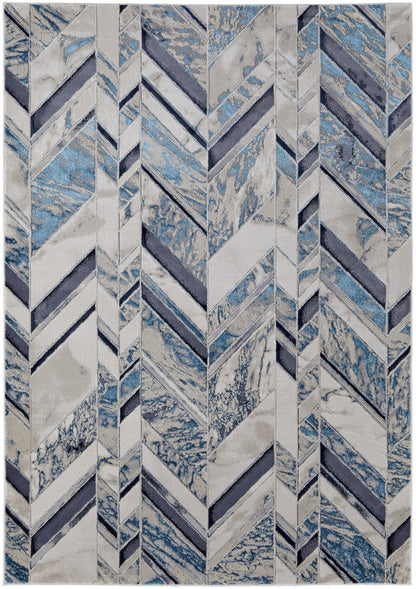 10 x 13 Ivory Blue & Gray Chevron Power Loom Distressed Rug