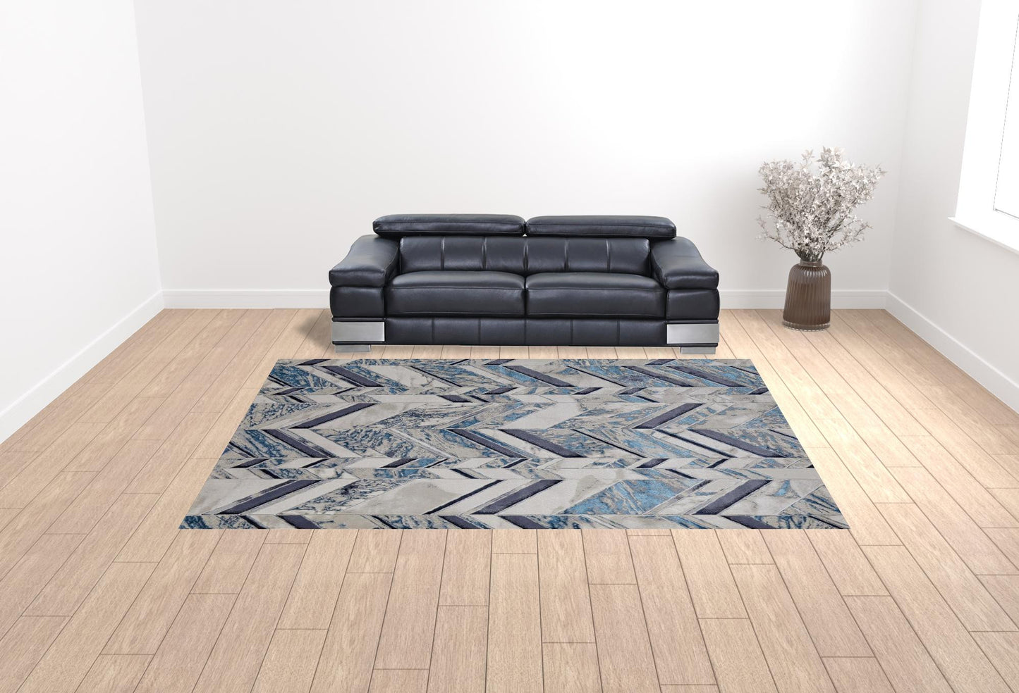 10 x 13 Ivory Blue & Gray Chevron Power Loom Distressed Rug