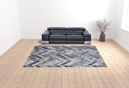 10 x 13 Ivory Blue & Gray Chevron Power Loom Distressed Rug