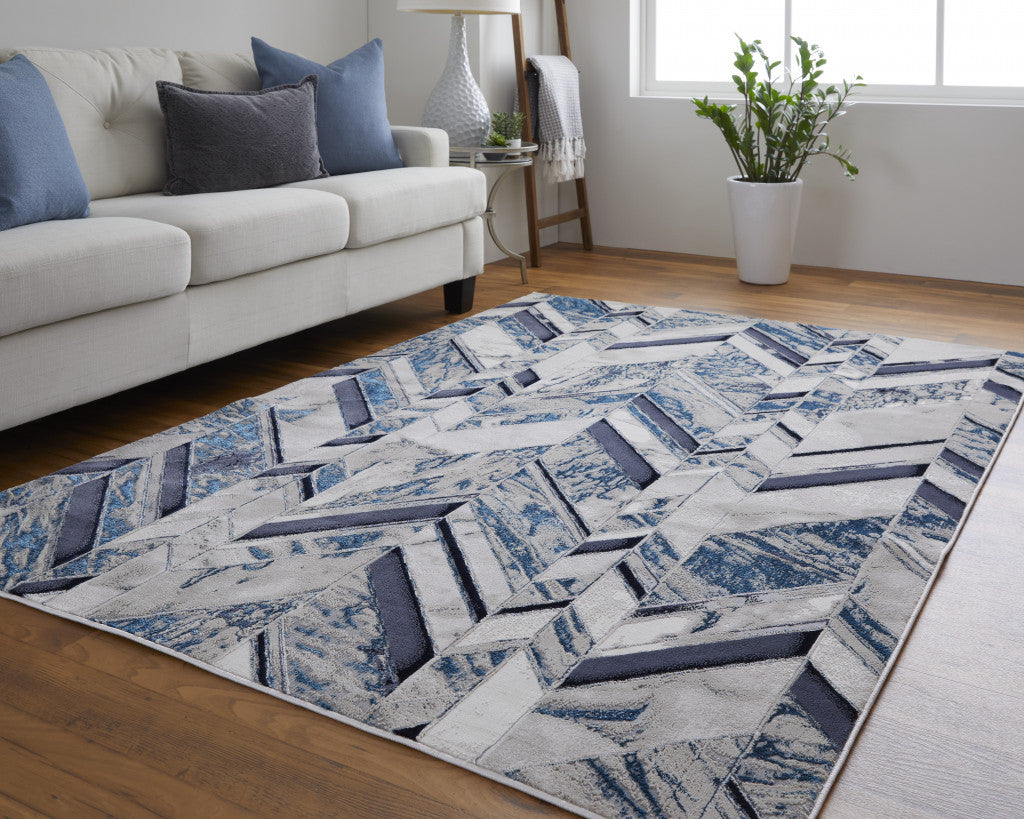 10 x 13 Ivory Blue & Gray Chevron Power Loom Distressed Rug