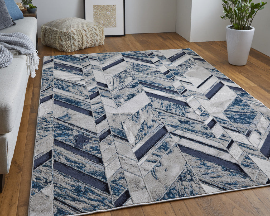 10 x 13 Ivory Blue & Gray Chevron Power Loom Distressed Rug