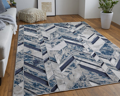 10 x 13 Ivory Blue & Gray Chevron Power Loom Distressed Rug