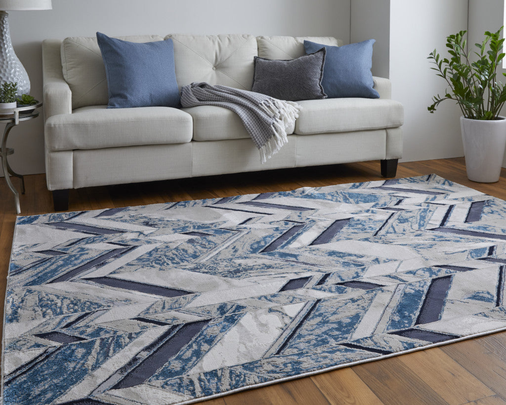 10 x 13 Ivory Blue & Gray Chevron Power Loom Distressed Rug