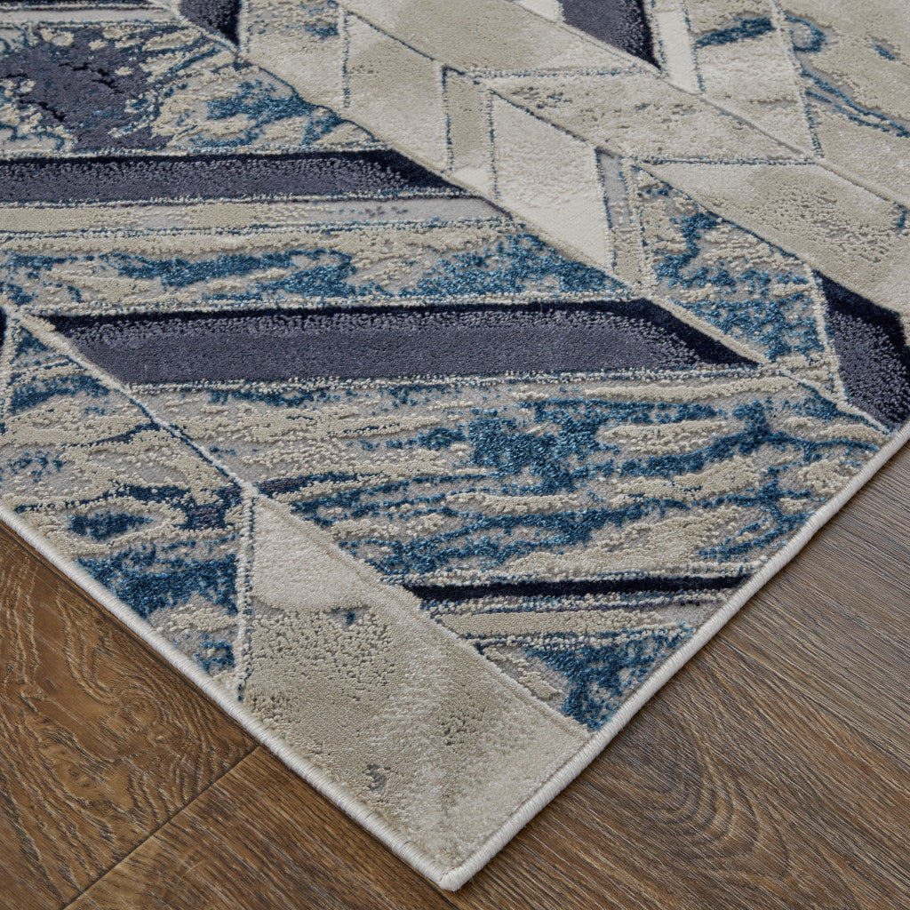 10 x 13 Ivory Blue & Gray Chevron Power Loom Distressed Rug
