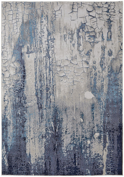 10 x 13 Ivory Blue & Black Power Loom Distressed Rug