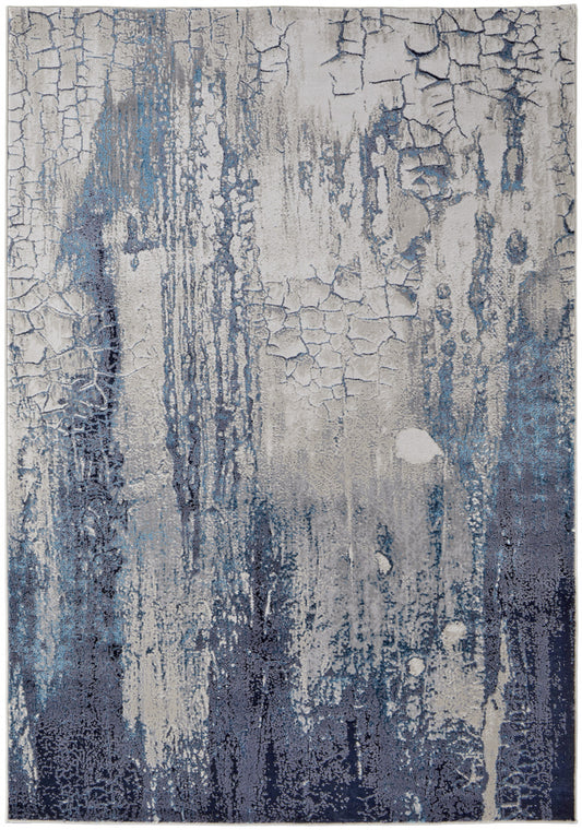 10 x 13 Ivory Blue & Black Power Loom Distressed Rug