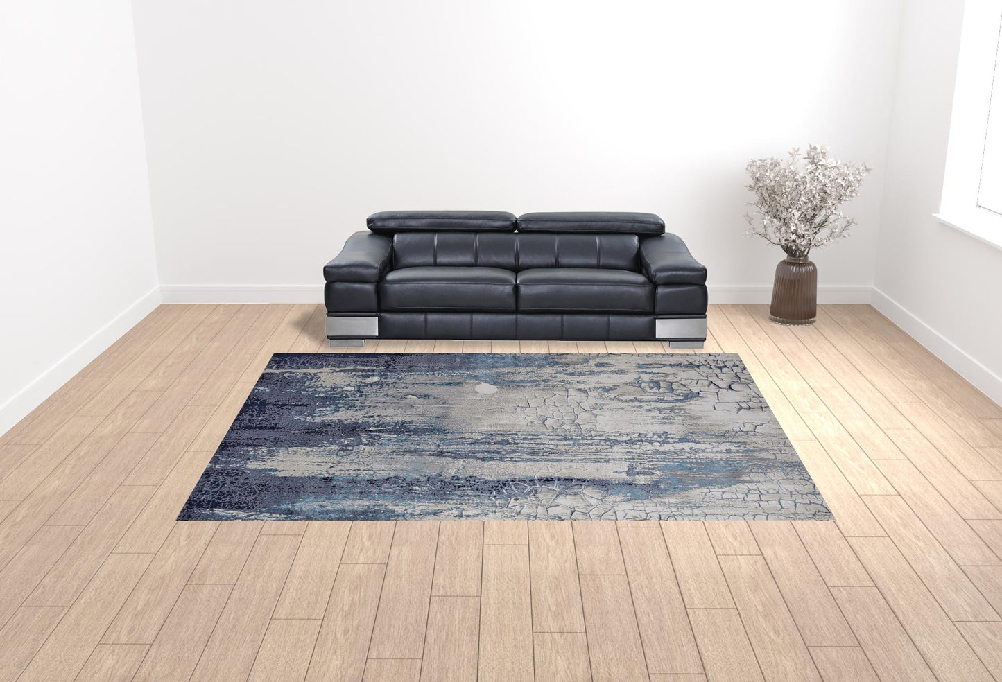 10 x 13 Ivory Blue & Black Power Loom Distressed Rug