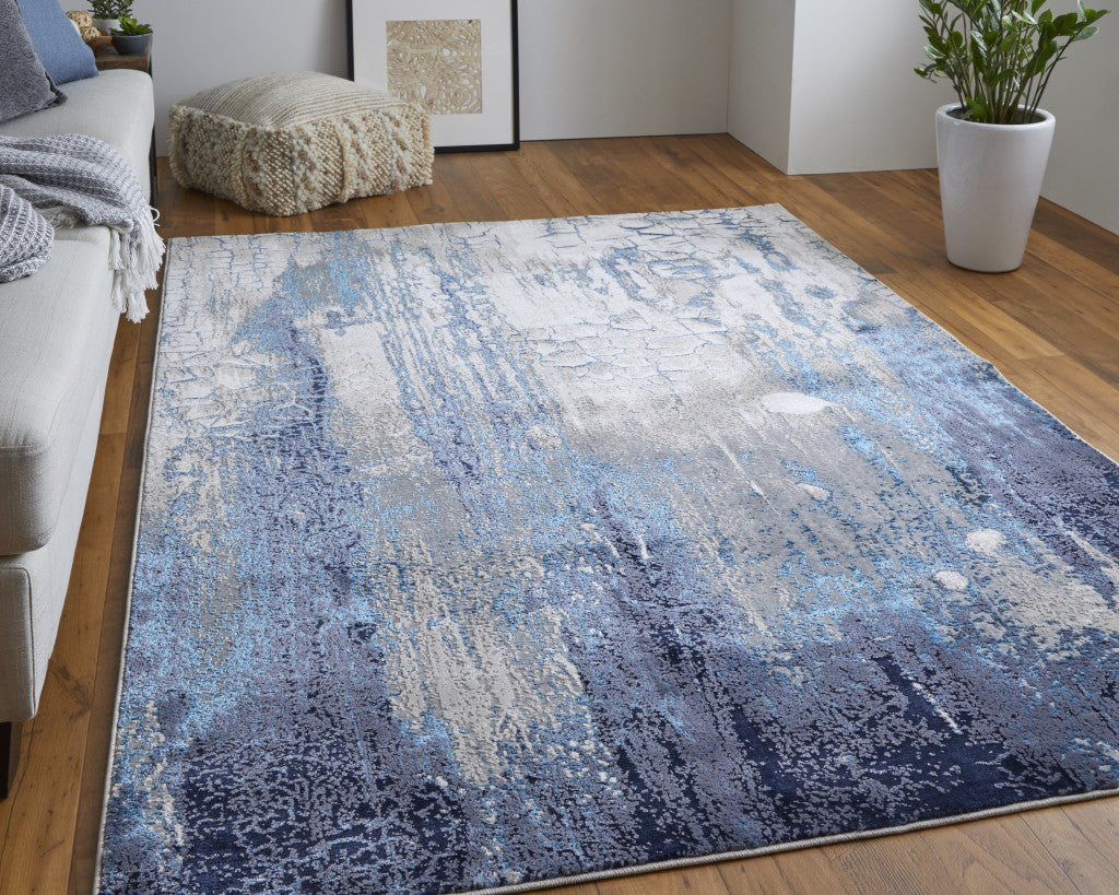 10 x 13 Ivory Blue & Black Power Loom Distressed Rug