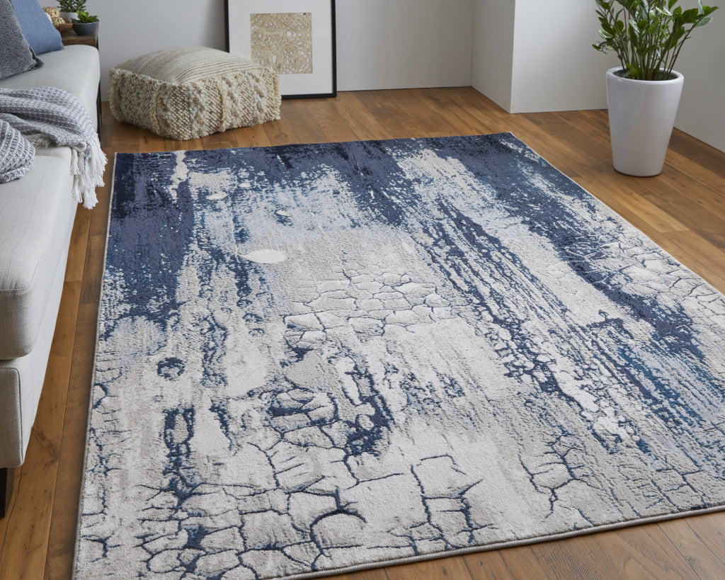 10 x 13 Ivory Blue & Black Power Loom Distressed Rug
