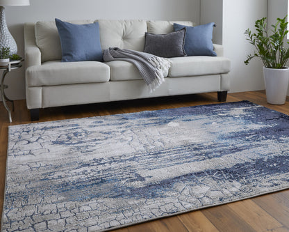 10 x 13 Ivory Blue & Black Power Loom Distressed Rug
