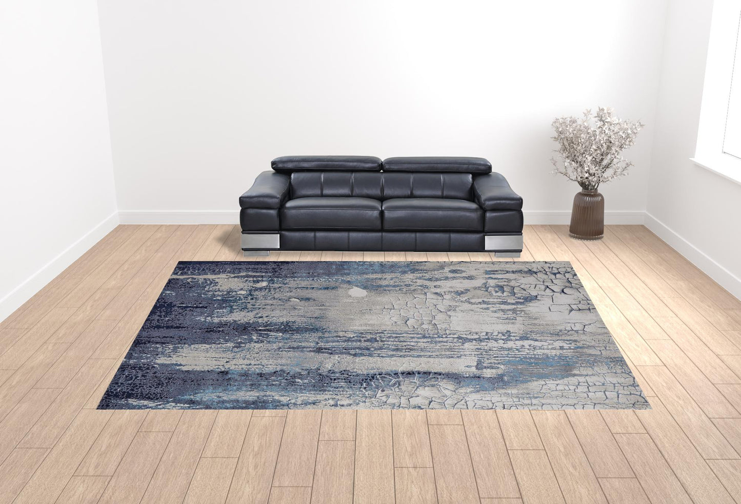 12 x 15 Ivory Blue & Black Power Loom Distressed Rug