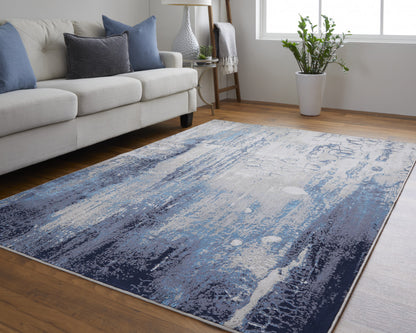 12 x 15 Ivory Blue & Black Power Loom Distressed Rug