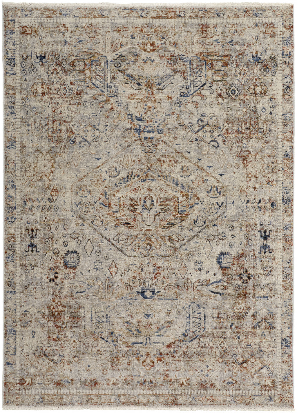 10 x 13 Tan Orange & Red Floral Power Loom Distressed Rug With Fringe