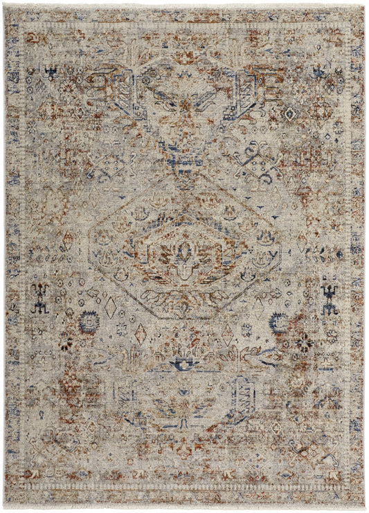10 x 13 Tan Orange & Red Floral Power Loom Distressed Rug With Fringe