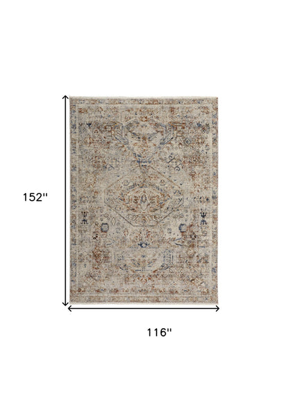 10 x 13 Tan Orange & Red Floral Power Loom Distressed Rug With Fringe