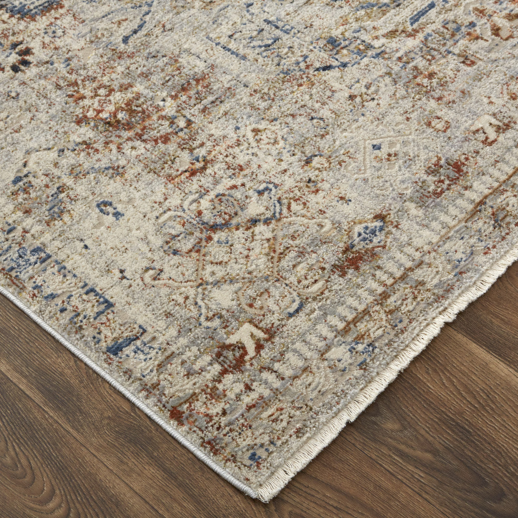 10 x 13 Tan Orange & Red Floral Power Loom Distressed Rug With Fringe