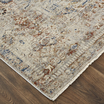 10 x 13 Tan Orange & Red Floral Power Loom Distressed Rug With Fringe
