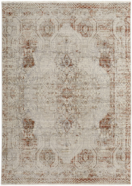 10 x 13 Tan Ivory & Orange Floral Power Loom Distressed Rug With Fringe