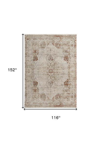 10 x 13 Tan Ivory & Orange Floral Power Loom Distressed Rug With Fringe