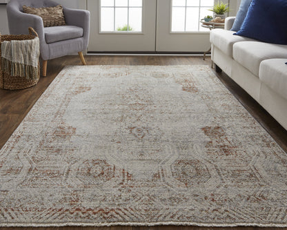 10 x 13 Tan Ivory & Orange Floral Power Loom Distressed Rug With Fringe