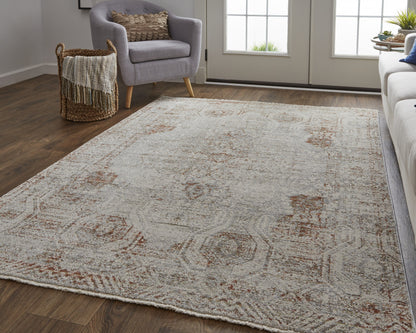10 x 13 Tan Ivory & Orange Floral Power Loom Distressed Rug With Fringe
