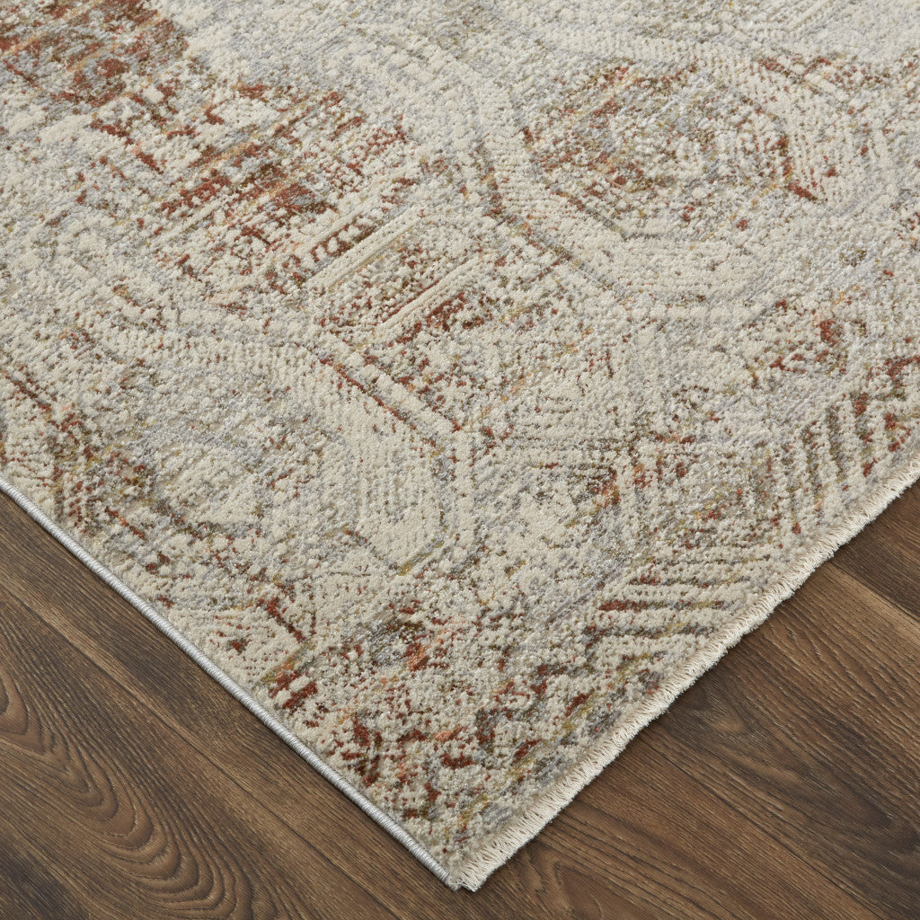 10 x 13 Tan Ivory & Orange Floral Power Loom Distressed Rug With Fringe