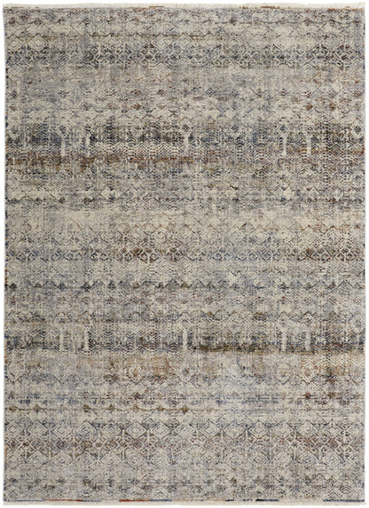 10 x 13 Tan Ivory & Blue Geometric Power Loom Distressed Rug With Fringe