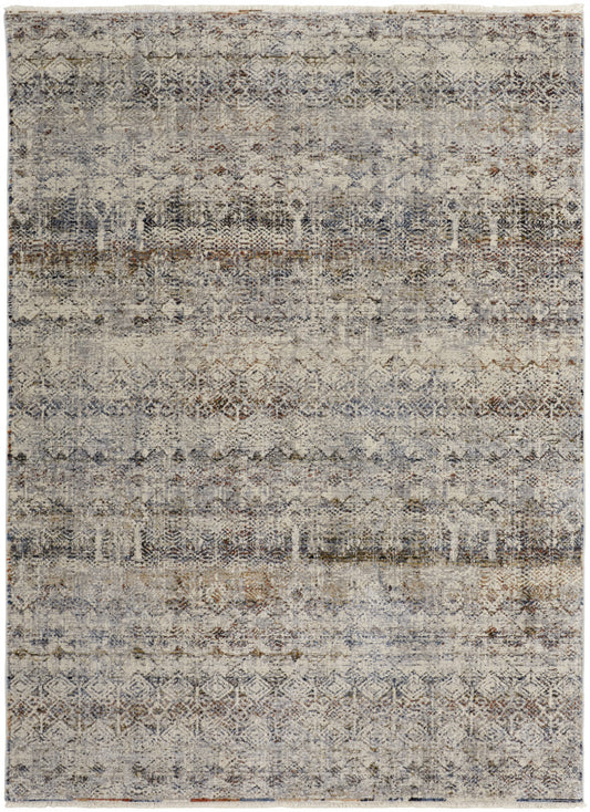 10 x 13 Tan Ivory & Blue Geometric Power Loom Distressed Rug With Fringe