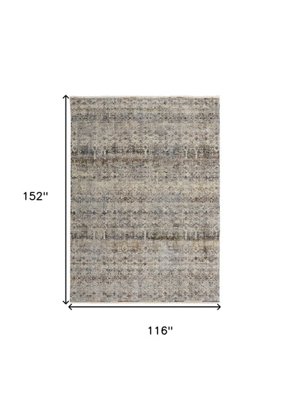10 x 13 Tan Ivory & Blue Geometric Power Loom Distressed Rug With Fringe