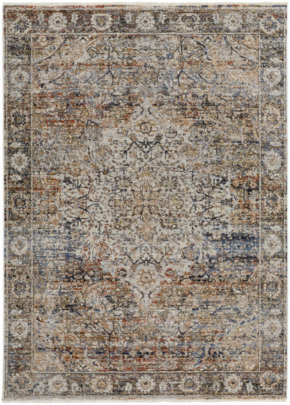 10 x 13 Tan Orange & Blue Floral Power Loom Distressed Rug With Fringe