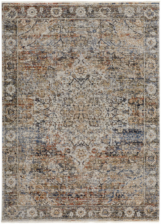 10 x 13 Tan Orange & Blue Floral Power Loom Distressed Rug With Fringe