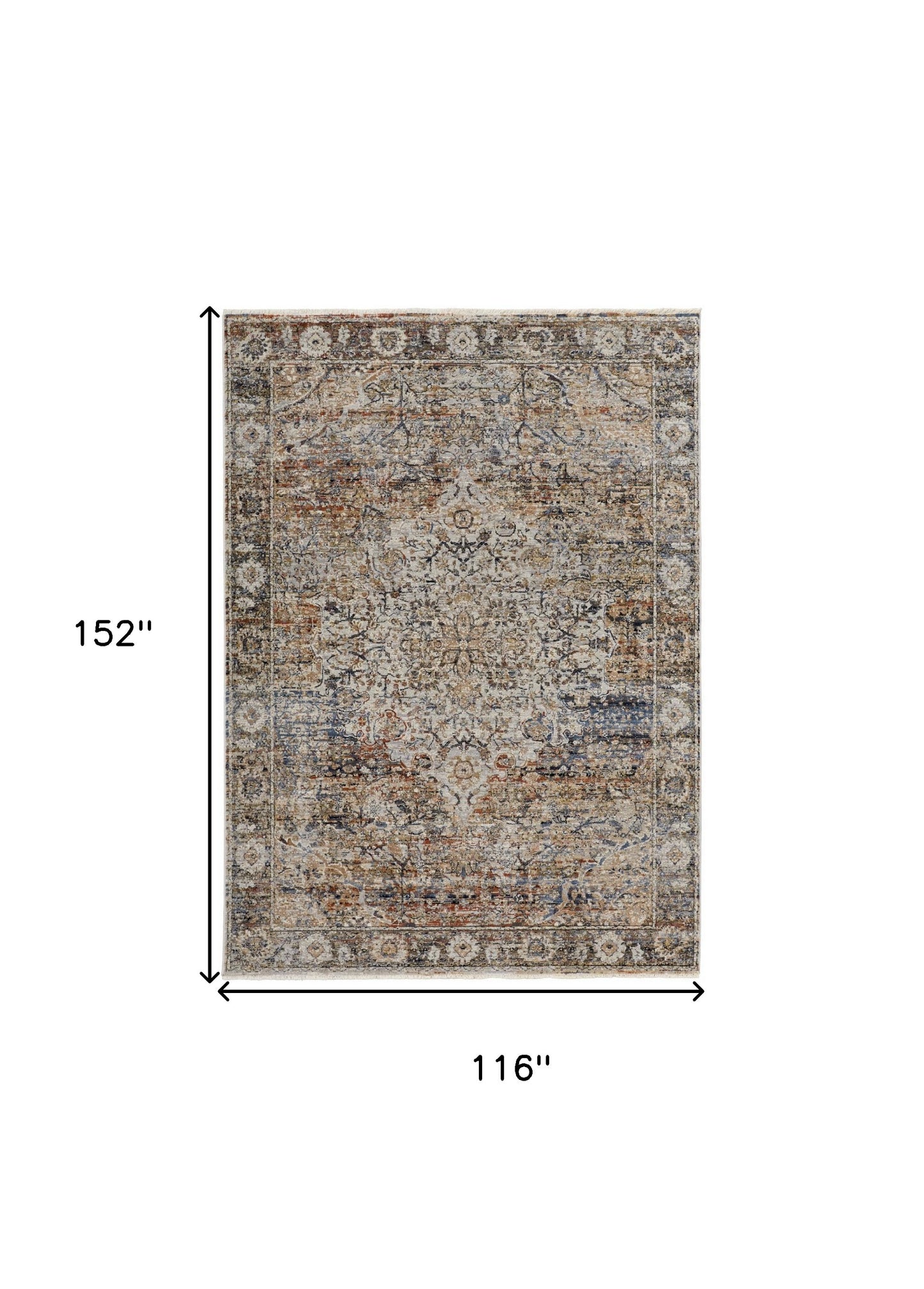 10 x 13 Tan Orange & Blue Floral Power Loom Distressed Rug With Fringe
