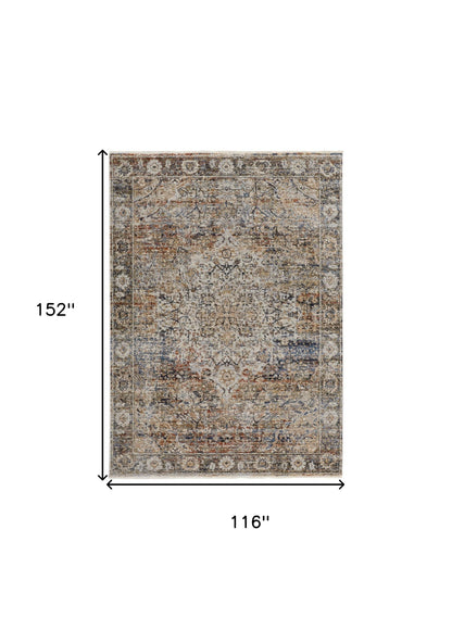 10 x 13 Tan Orange & Blue Floral Power Loom Distressed Rug With Fringe