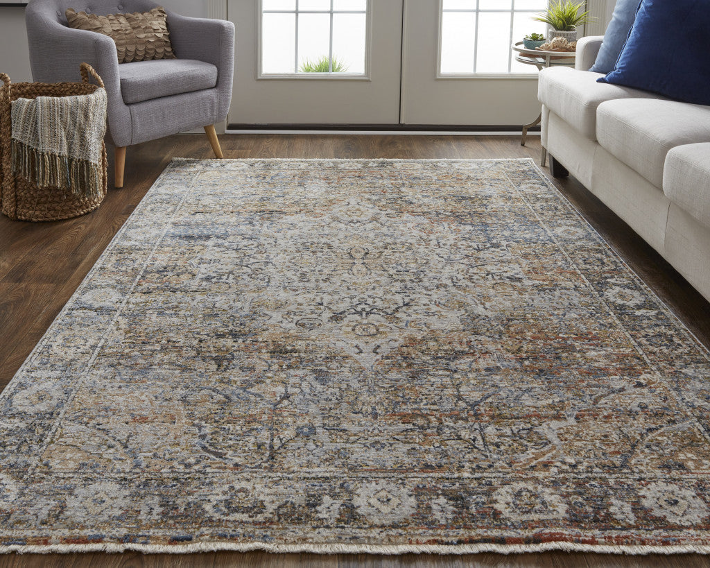10 x 13 Tan Orange & Blue Floral Power Loom Distressed Rug With Fringe
