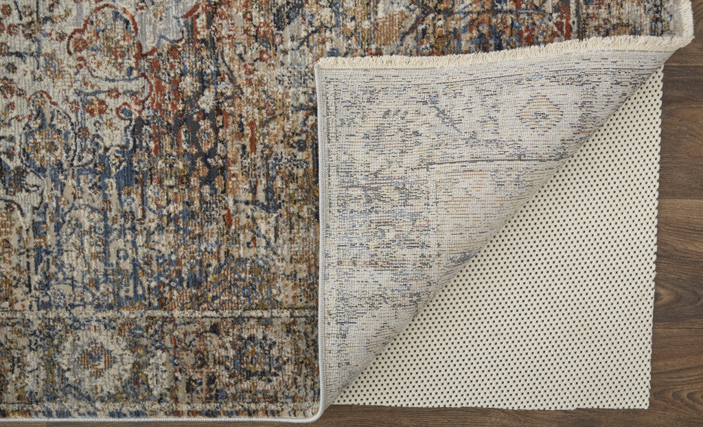 10 x 13 Tan Orange & Blue Floral Power Loom Distressed Rug With Fringe