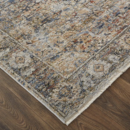 12 x 15 Tan Orange & Blue Floral Power Loom Distressed Rug With Fringe