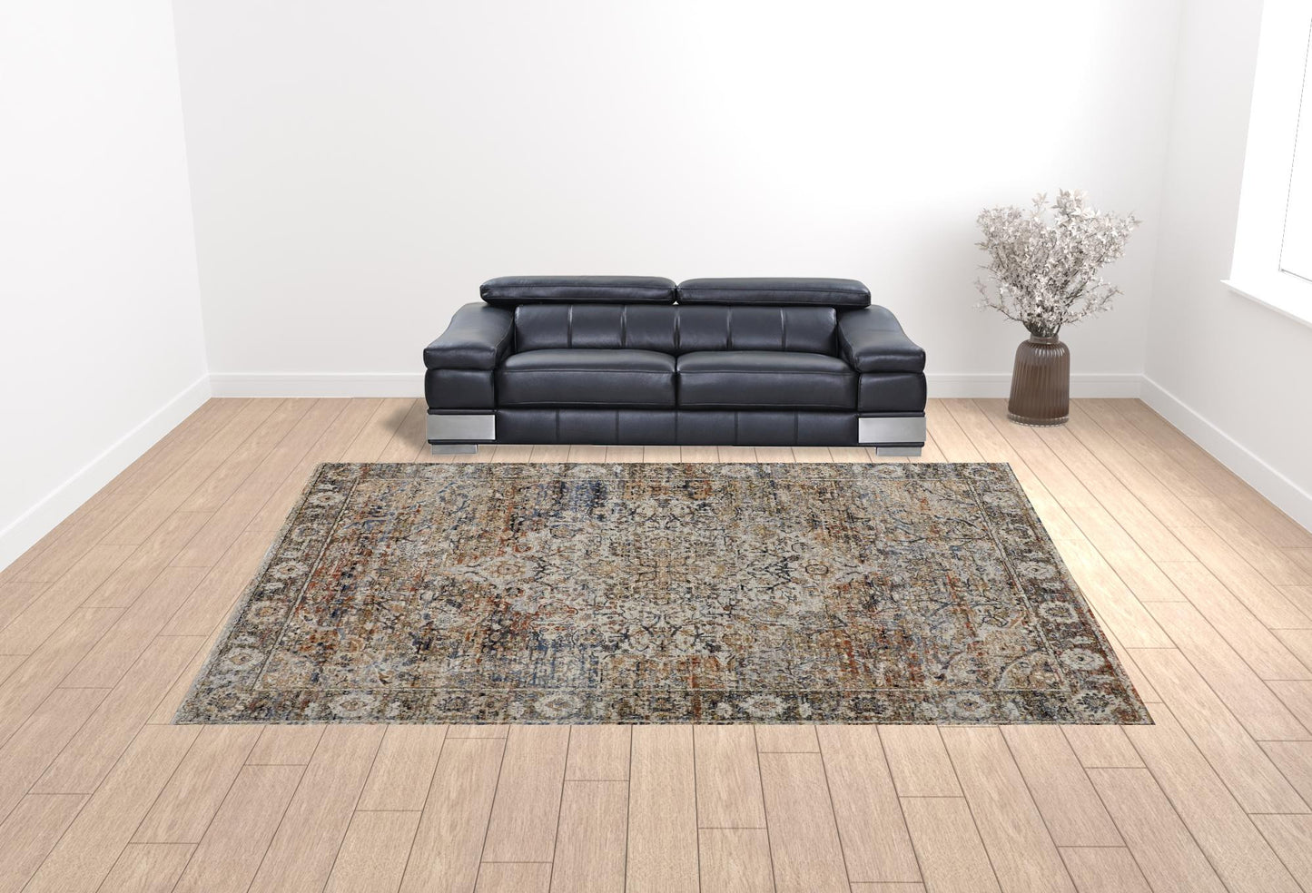 12 x 15 Tan Orange & Blue Floral Power Loom Distressed Rug With Fringe