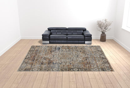 12 x 15 Tan Orange & Blue Floral Power Loom Distressed Rug With Fringe
