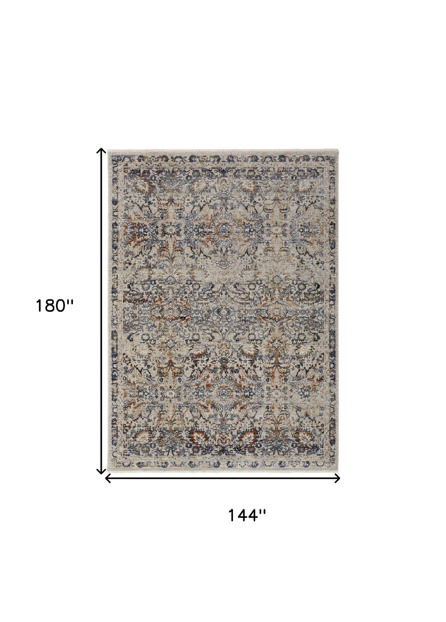 12 x 15 Tan Blue & Orange Floral Power Loom Distressed Rug With Fringe